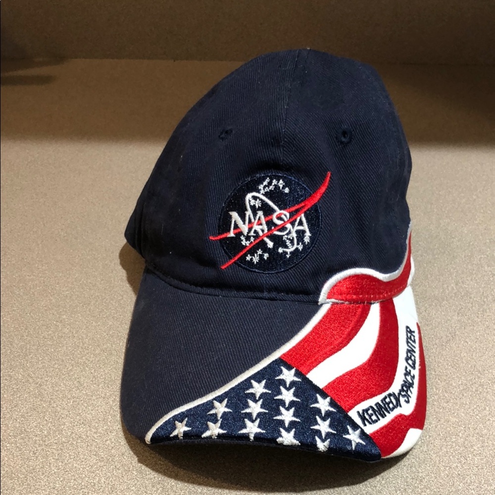 NASA Kennedy Space Center Navy Blue Cap with American Flag Design